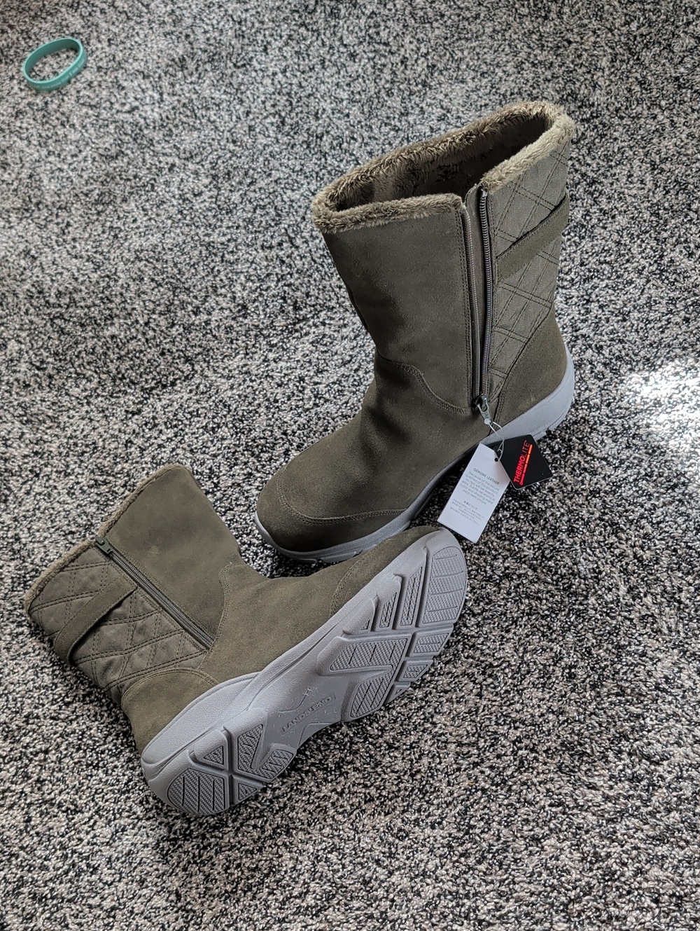 Lands' End Leather Olive Green Quilted Winter Zip Boots